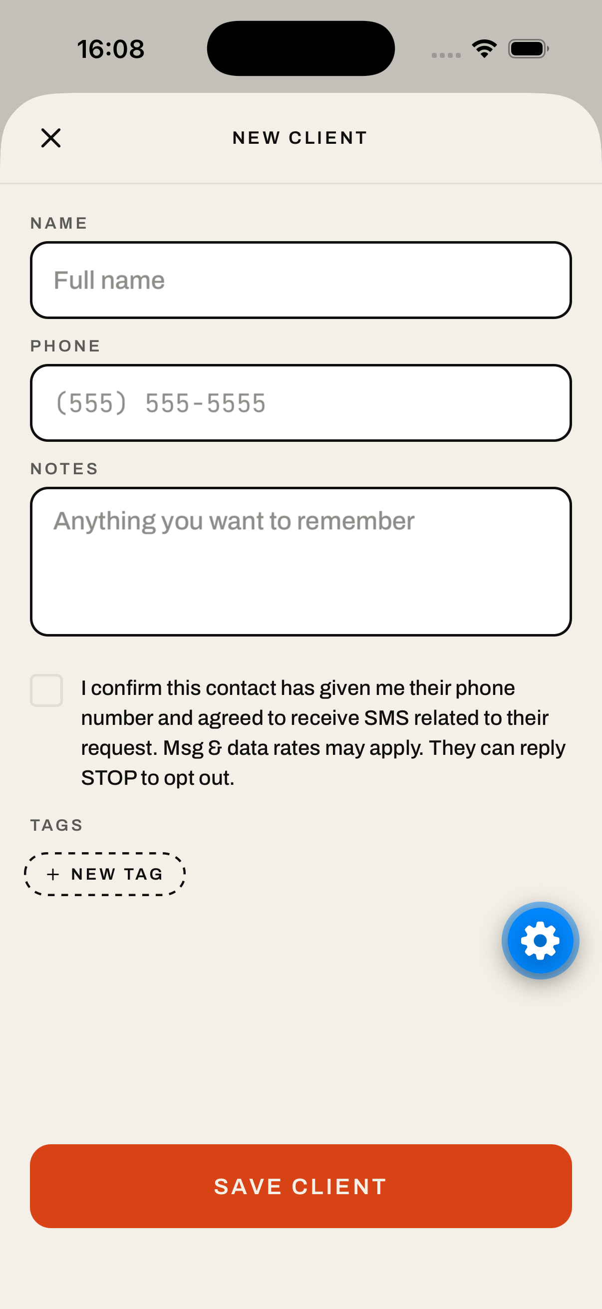 Foremann mobile app — Add Client screen with required SMS consent attestation checkbox reading 'I confirm this contact has given me their phone number and agreed to receive SMS related to their request. Msg & data rates may apply. They can reply STOP to opt out.'