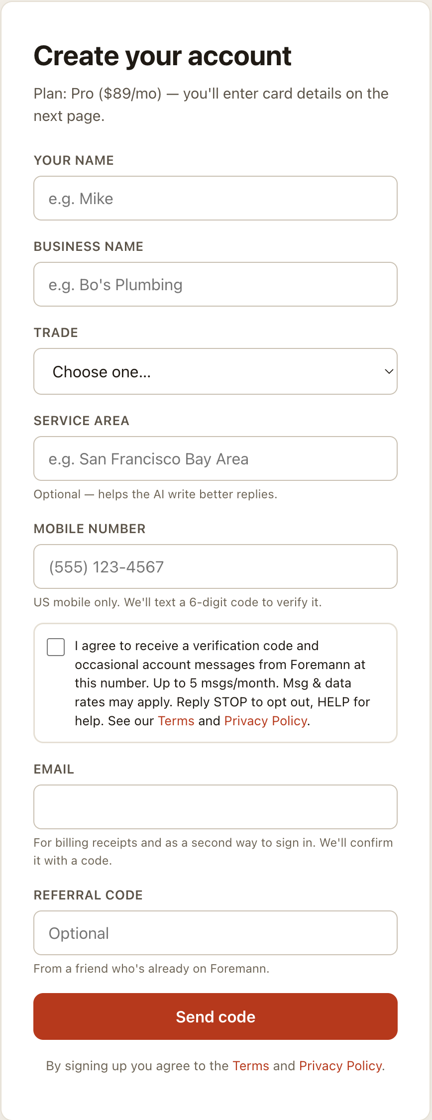 app.foremann.app sign-up form — every account is verified by SMS, so the form shows a mobile-number field and an unchecked SMS consent checkbox reading: 'I agree to receive a verification code and occasional account messages from Foremann at this number. Up to 5 msgs/month. Msg & data rates may apply. Reply STOP to opt out, HELP for help.'
